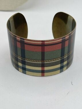 4.21.26-9 Plaid Wide Metal Cuff Bracelet in Beige, Red, Navy & Green